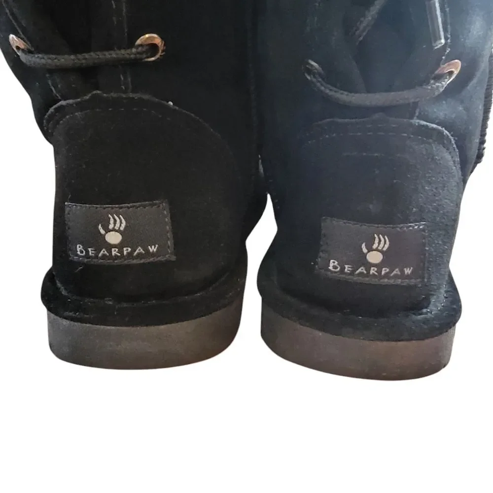 Bearpaw Emily Black Sherpa Wool Line Suede Lace-Up Boots Size 10
